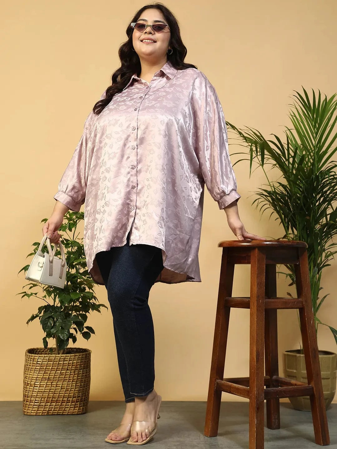 Lilac Floral Print Short Sleeve Collared Button Down Plus Size Oversized Shirt