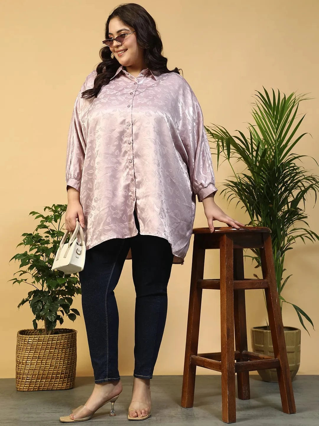 Lilac Floral Print Short Sleeve Collared Button Down Plus Size Oversized Shirt