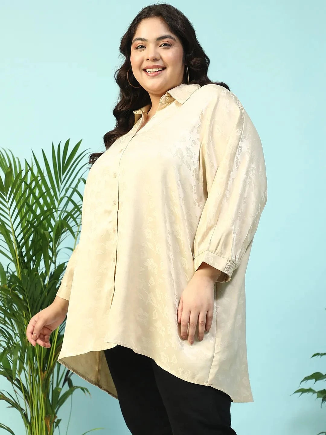 Latte Beige Floral Print Short Sleeve Collared Button Down Plus Size Oversized Shirt