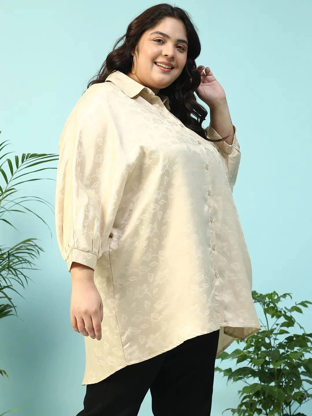 Latte Beige Floral Print Short Sleeve Collared Button Down Plus Size Oversized Shirt