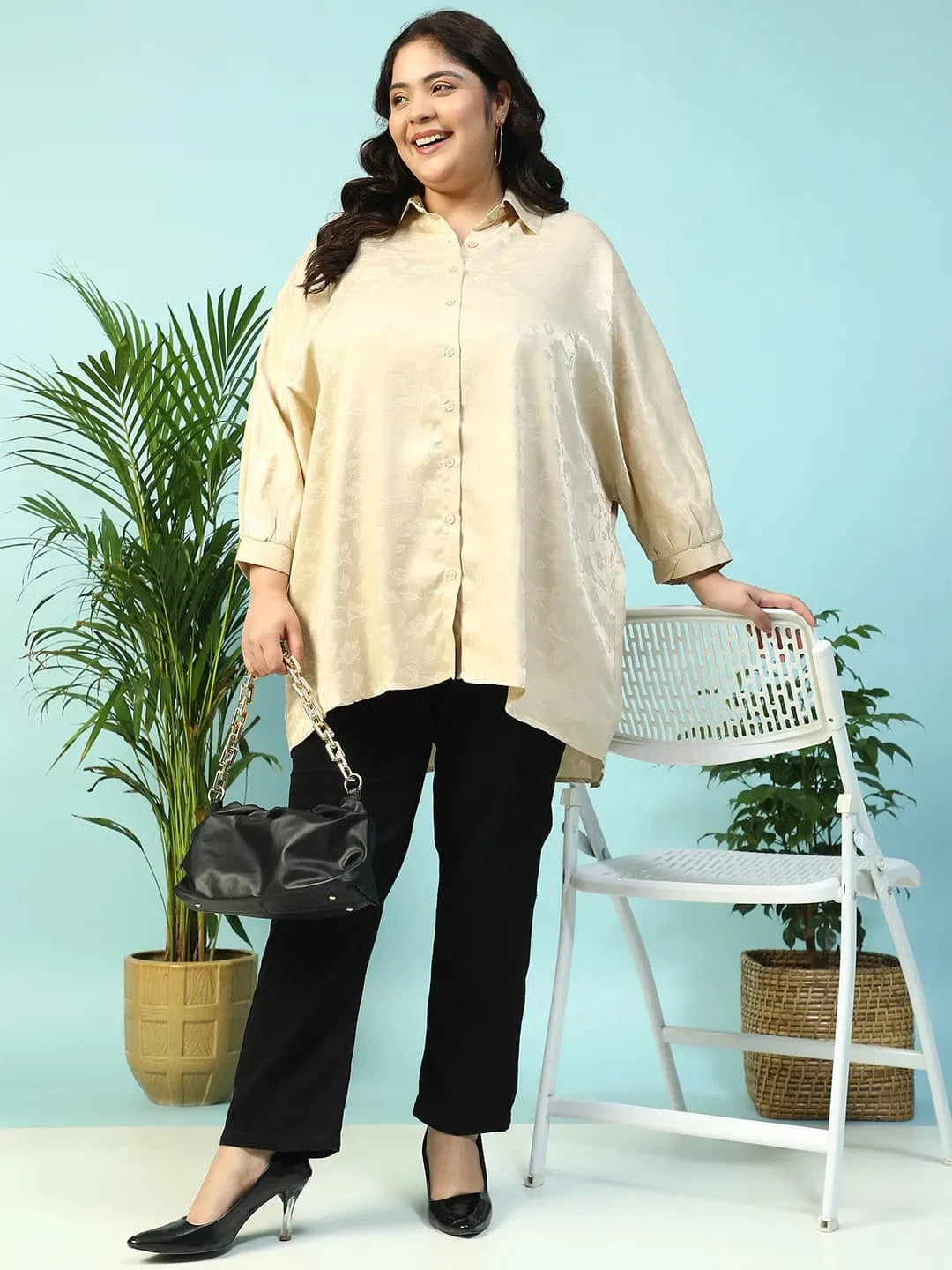 Latte Beige Floral Print Short Sleeve Collared Button Down Plus Size Oversized Shirt