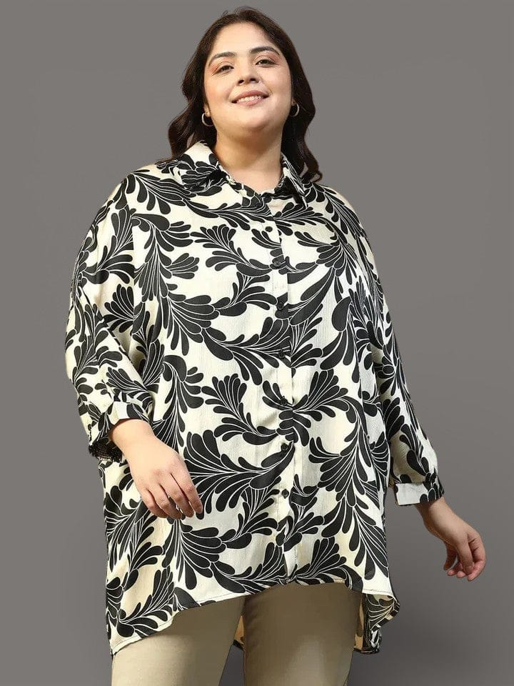 Sizzle Black Floral Print Short Sleeve Collared Button Down Plus Size Oversized Shirt