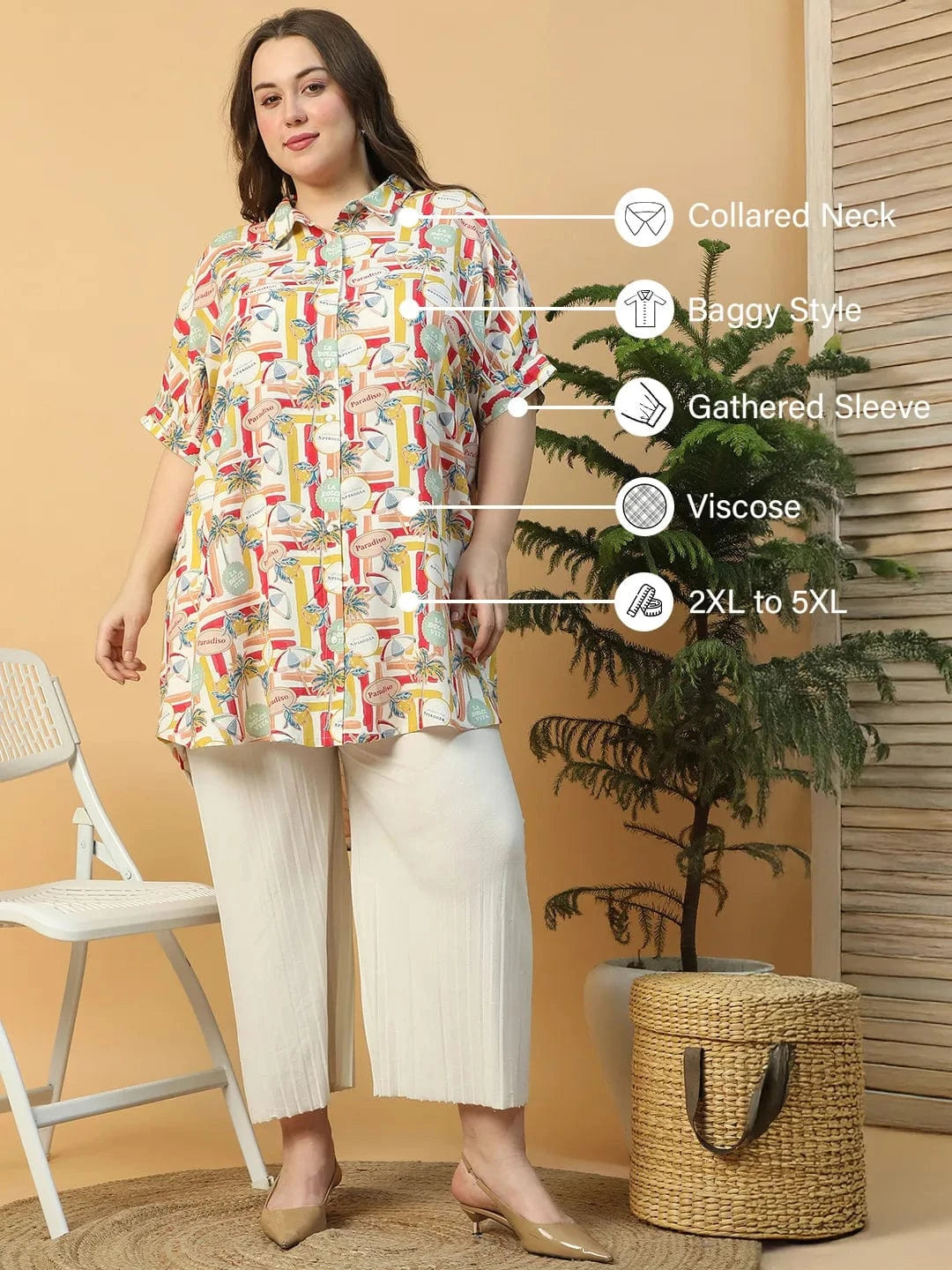 Multicolor Tropical Print Collared Short Sleeve Button Down Baggy Style Plus Size Women Tunic Shirt