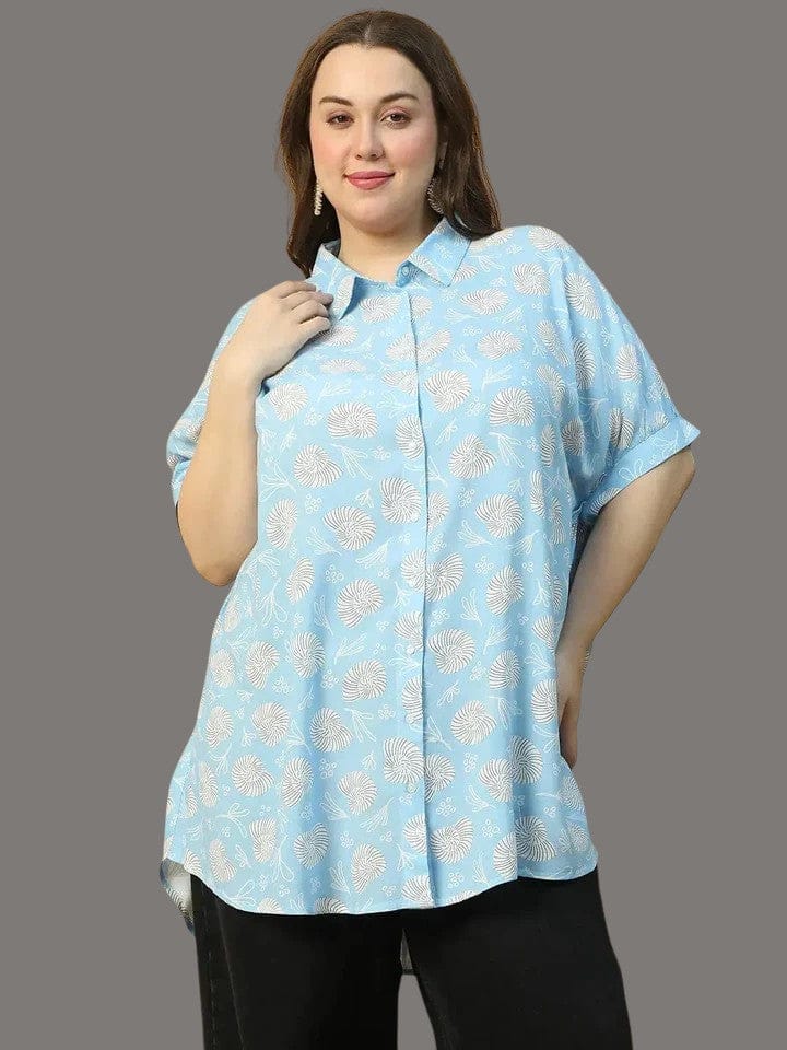 Baroque Blue Floral Print Collared Short Sleeve Button Down Baggy Style Plus Size Women Tunic Shirt