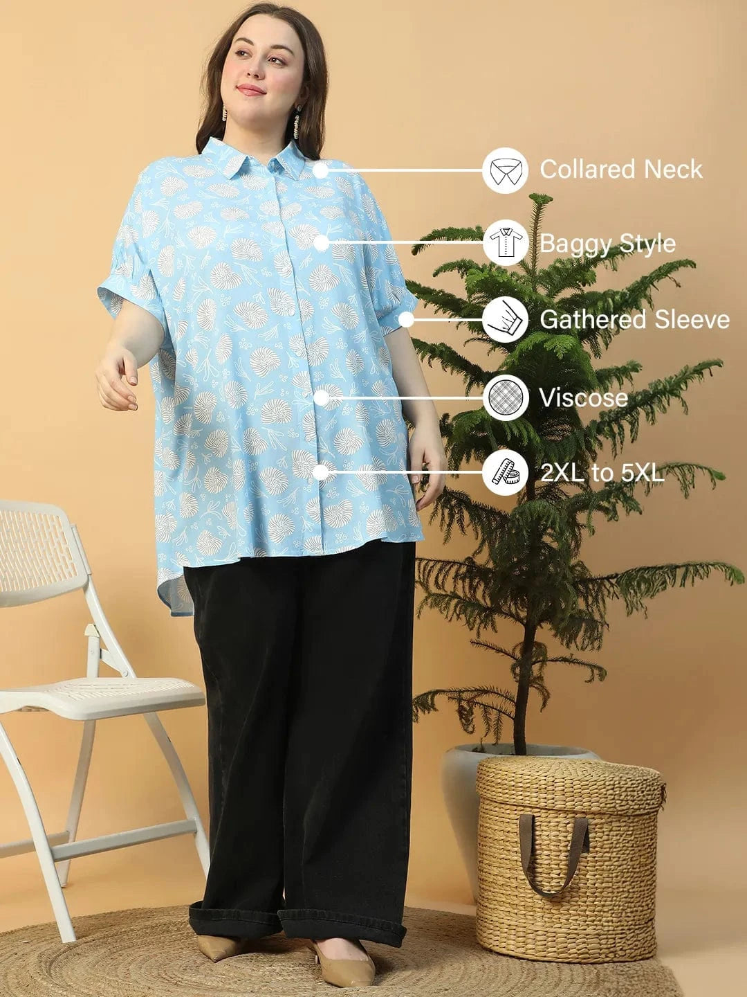 Baroque Blue Floral Print Collared Short Sleeve Button Down Baggy Style Plus Size Women Tunic Shirt