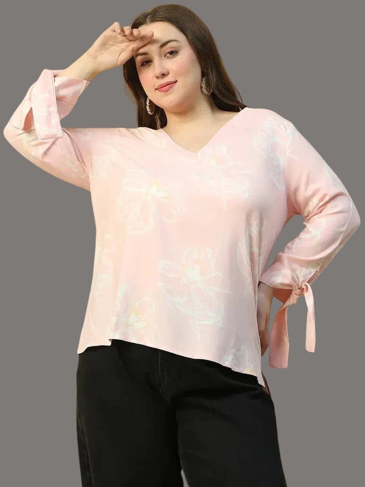 Plus Size Women Top - Light Pink Floral Print Tie-Up Sleeve Detail Blouse