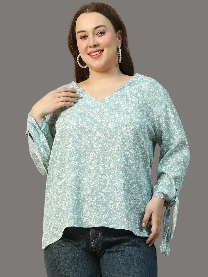 Plus Size Women Top - Blue Floral Print V-Neck Long Sleeve Blouse With Tie-Up Detail