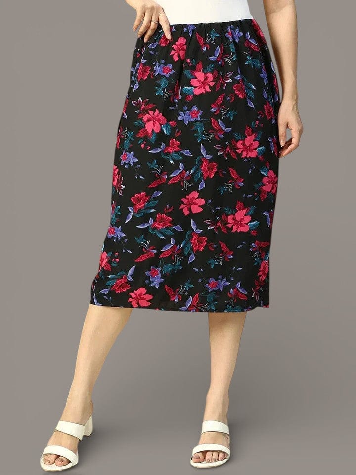 Multicolor Floral Print Elasticated Knee Length Women Satin Skirt