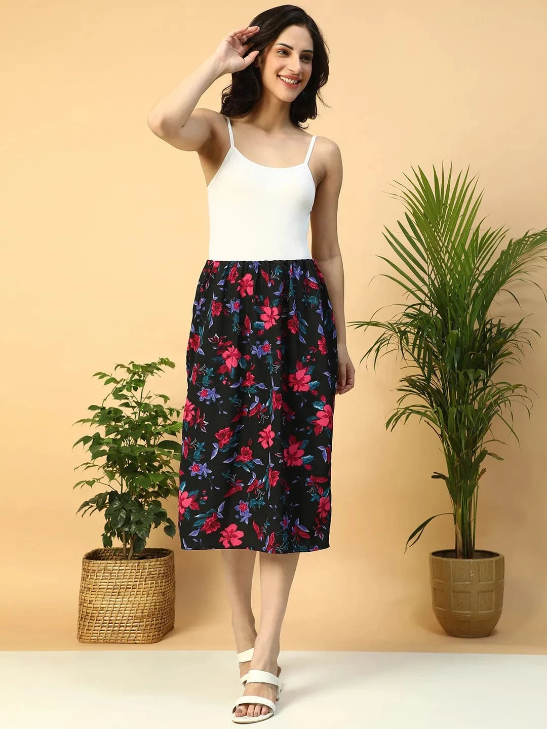 Multicolor Floral Print Elasticated Knee Length Women Satin Skirt