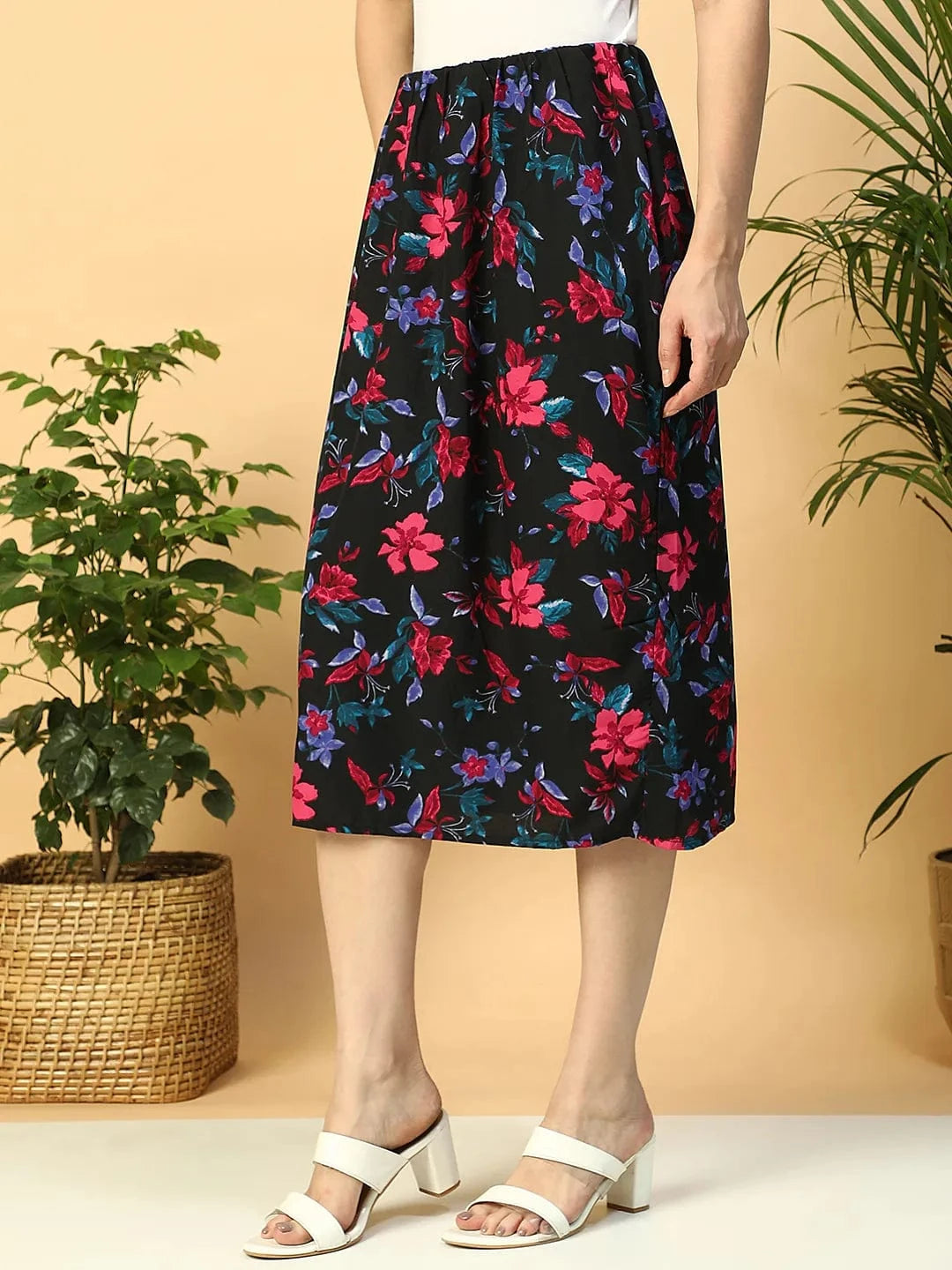 Multicolor Floral Print Elasticated Knee Length Women Satin Skirt