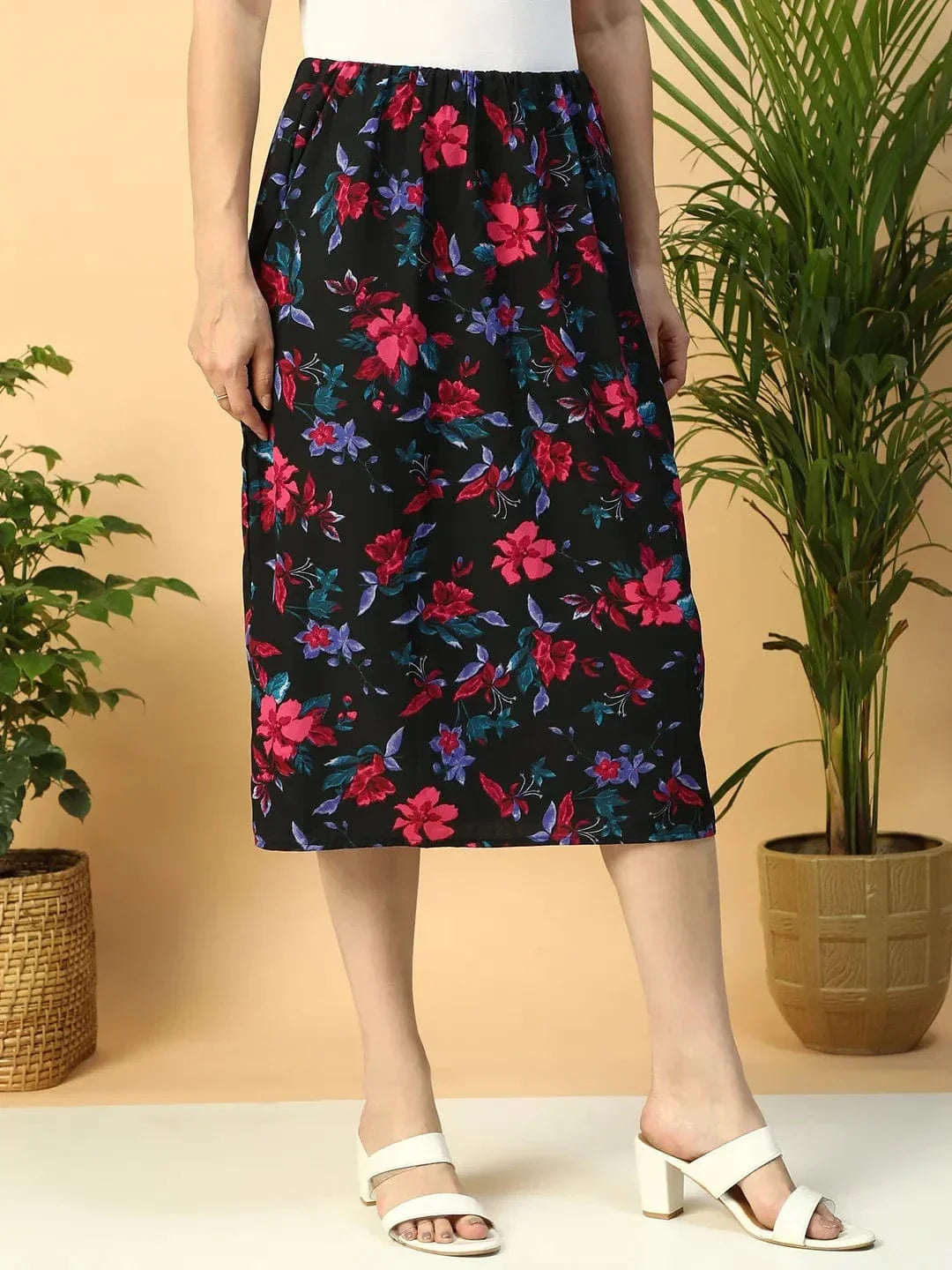 Multicolor Floral Print Elasticated Knee Length Women Satin Skirt