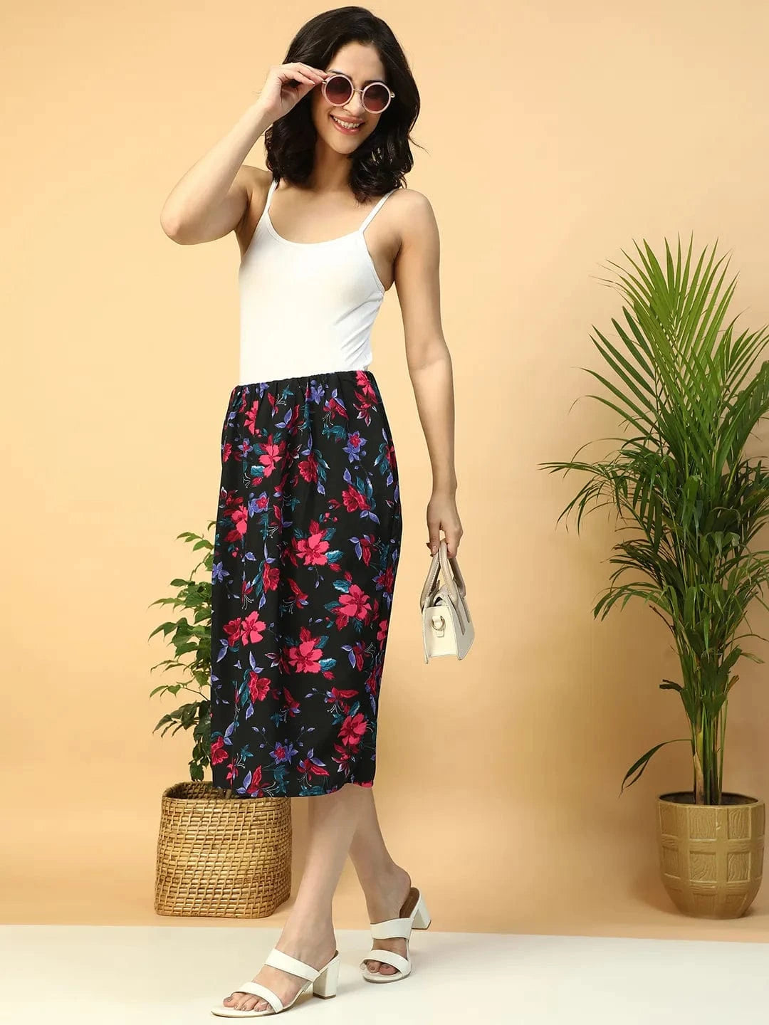 Multicolor Floral Print Elasticated Knee Length Women Satin Skirt