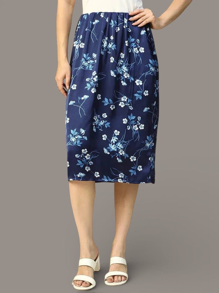 Navy Blue Floral Print Elasticated Knee Length Women Satin Skirt