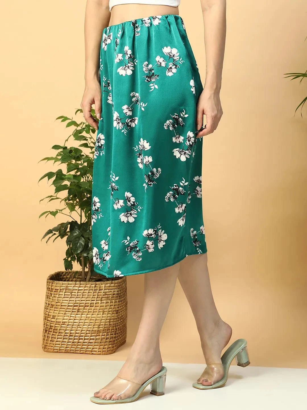 Slaying Green Floral Print Elasticated Knee Length Women Satin Skirt