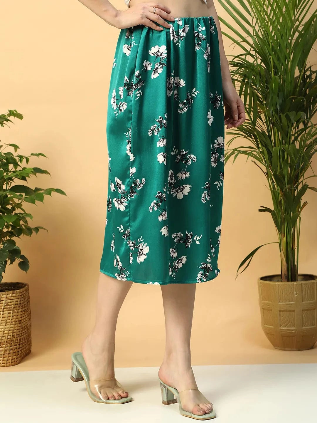 Slaying Green Floral Print Elasticated Knee Length Women Satin Skirt