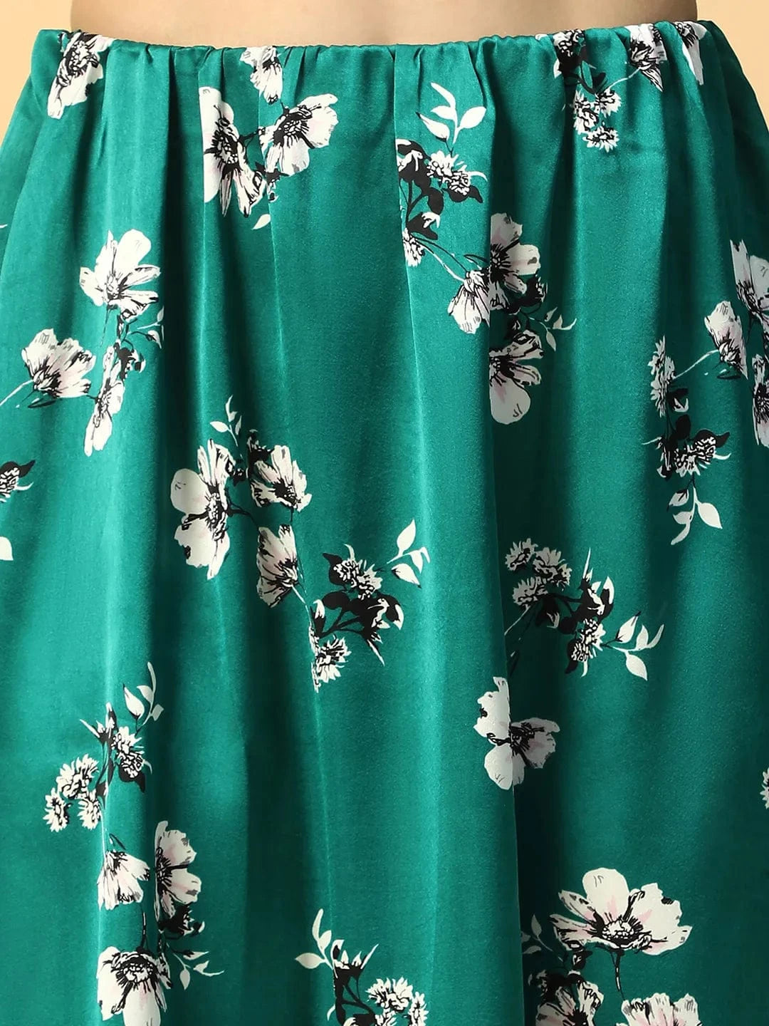 Slaying Green Floral Print Elasticated Knee Length Women Satin Skirt