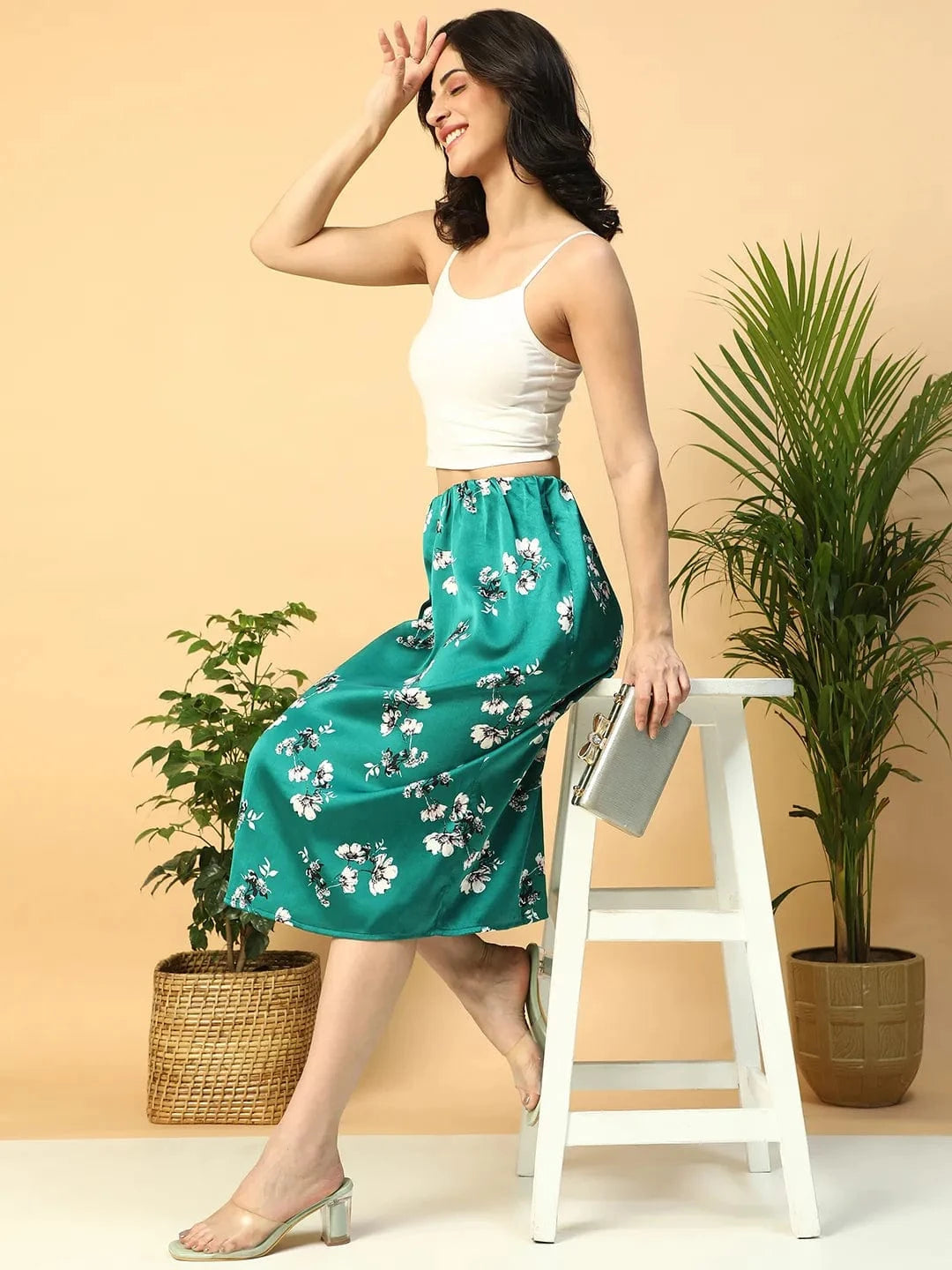 Slaying Green Floral Print Elasticated Knee Length Women Satin Skirt