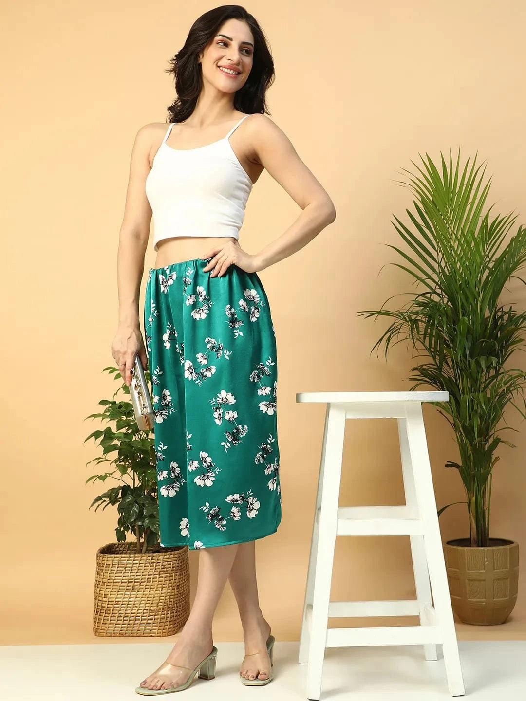 Slaying Green Floral Print Elasticated Knee Length Women Satin Skirt