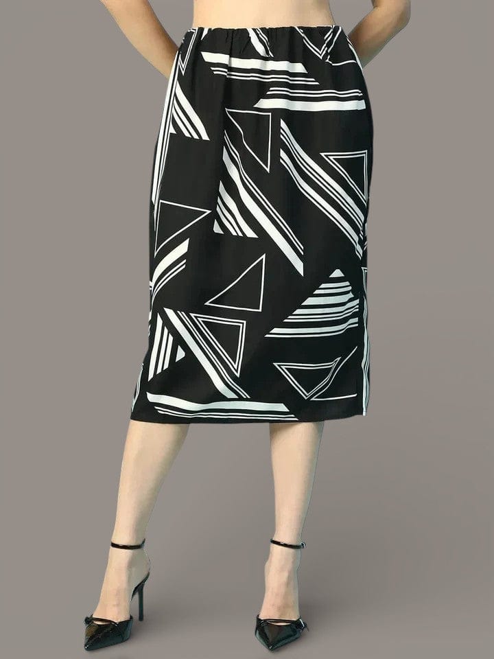 Classy Black Geometrical Print Elasticated Knee Length Women Satin Skirt
