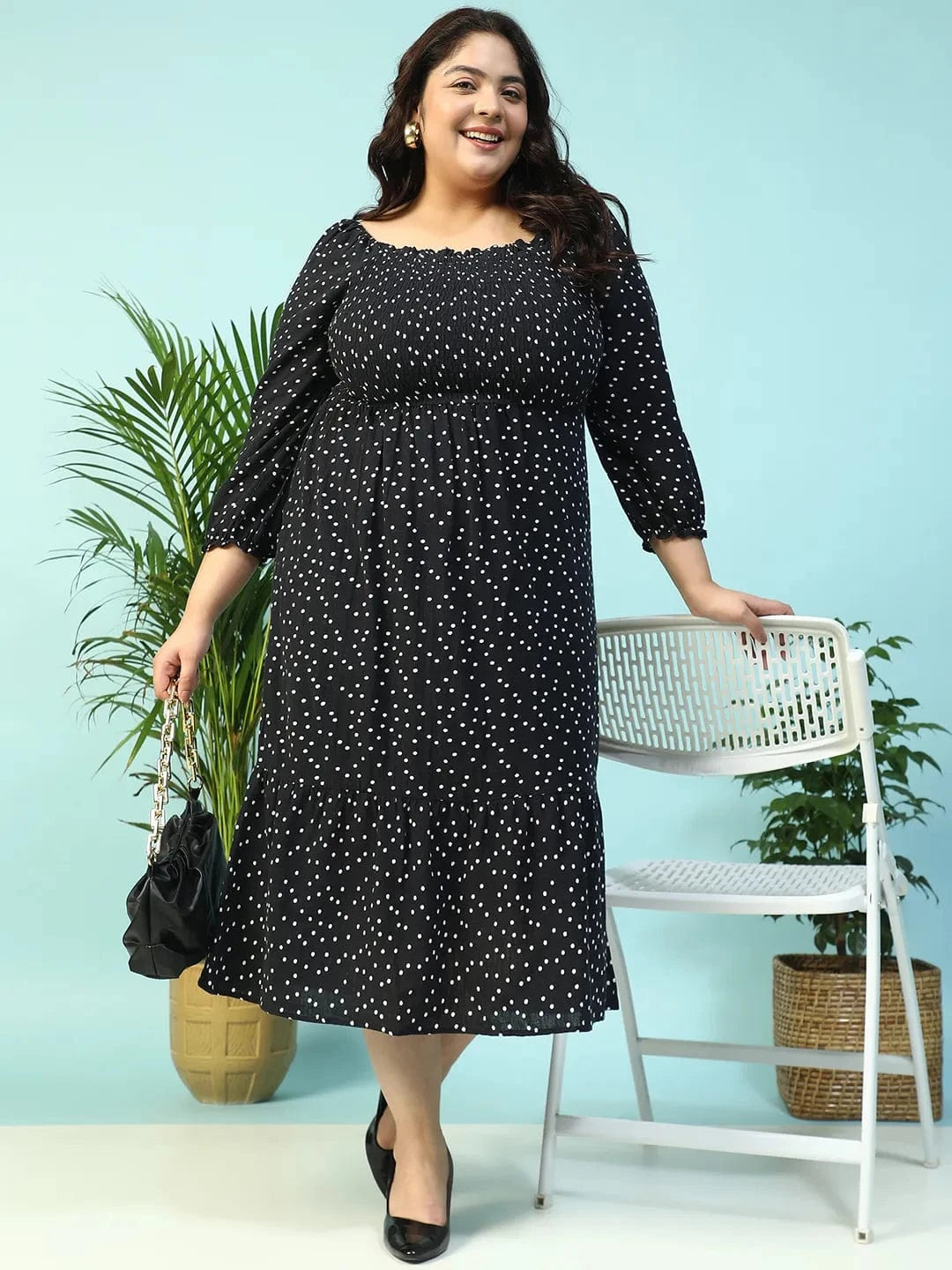 Sable Black Polka Dot Print Long Sleeve Plus Size Women Long Cotton Dress