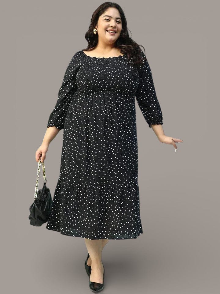 Sable Black Polka Dot Print Long Sleeve Plus Size Women Long Cotton Dress