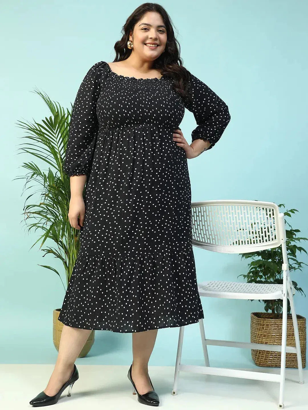 Sable Black Polka Dot Print Long Sleeve Plus Size Women Long Cotton Dress - oxolloxo