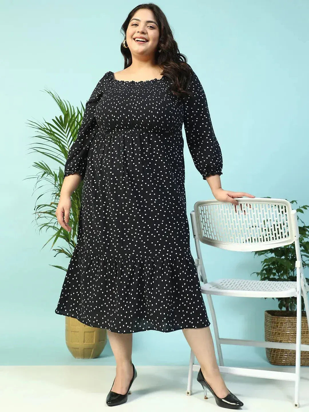 Sable Black Polka Dot Print Long Sleeve Plus Size Women Long Cotton Dress - oxolloxo