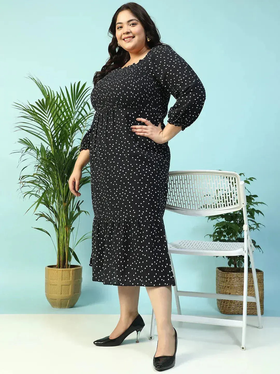Sable Black Polka Dot Print Long Sleeve Plus Size Women Long Cotton Dress - oxolloxo