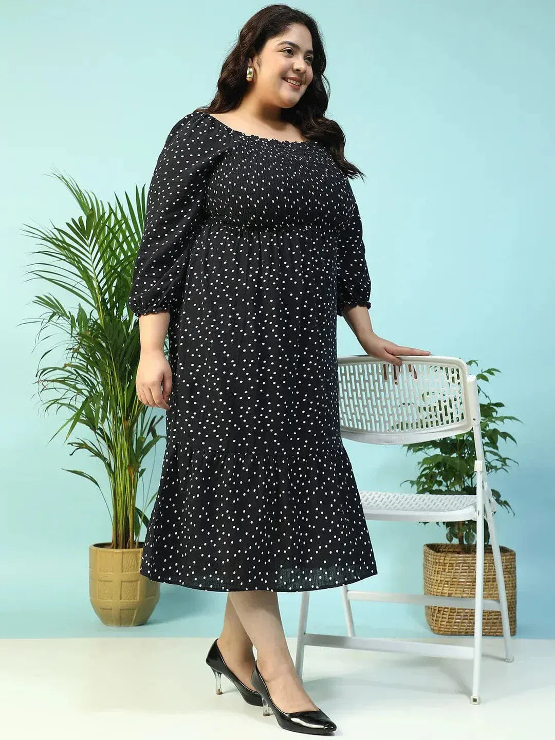 Sable Black Polka Dot Print Long Sleeve Plus Size Women Long Cotton Dress - oxolloxo