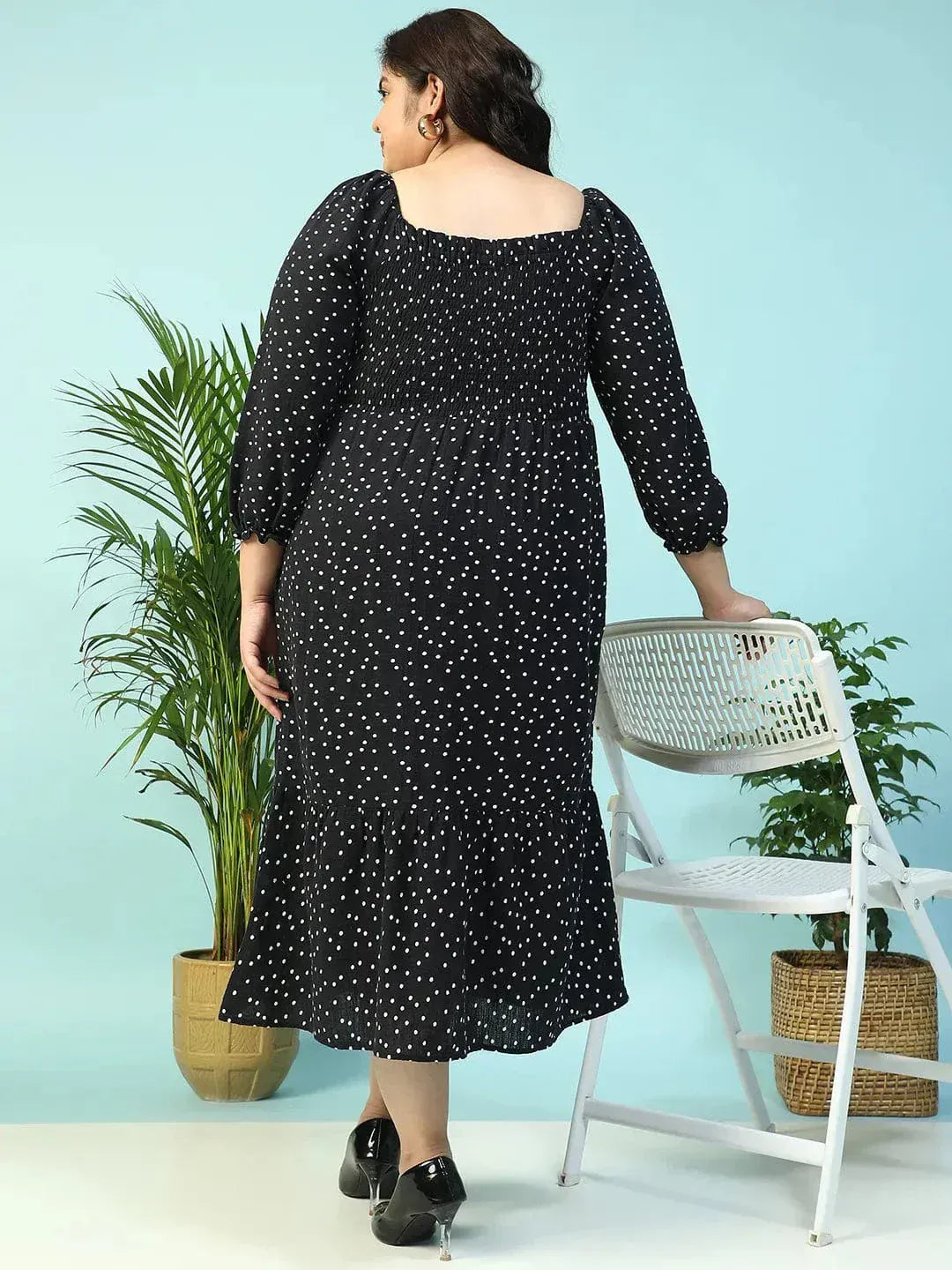 Sable Black Polka Dot Print Long Sleeve Plus Size Women Long Cotton Dress - oxolloxo
