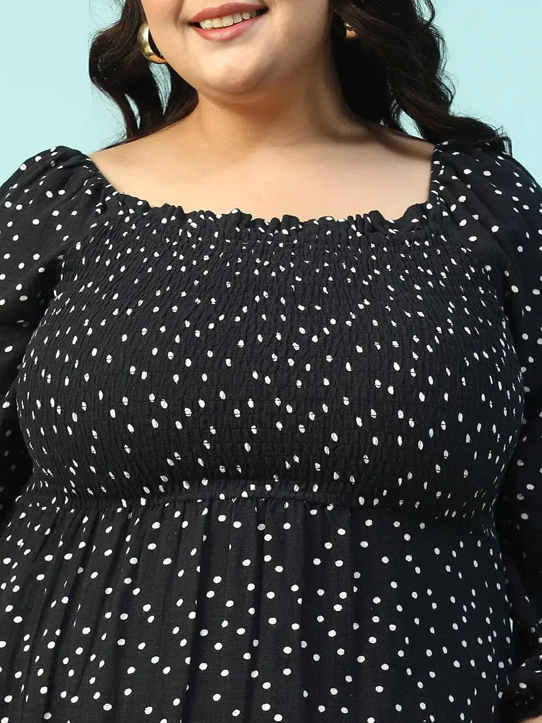 Sable Black Polka Dot Print Long Sleeve Plus Size Women Long Cotton Dress - oxolloxo