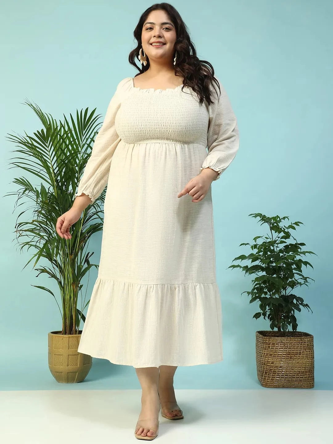 Solid Beige Long Sleeve Plus Size Women Long Cotton Dress