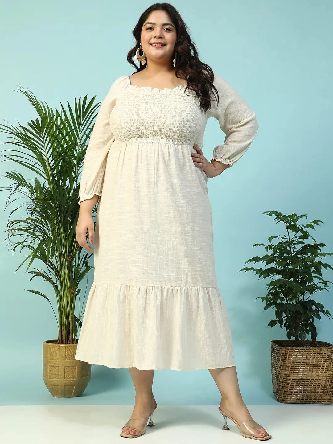 Solid Beige Long Sleeve Plus Size Women Long Cotton Dress