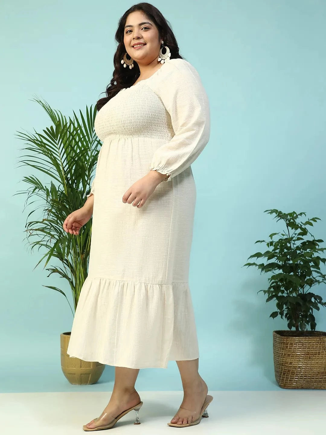 Solid Beige Long Sleeve Plus Size Women Long Cotton Dress