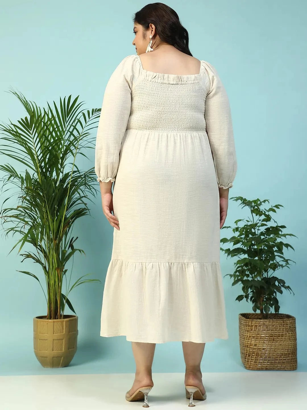 Solid Beige Long Sleeve Plus Size Women Long Cotton Dress