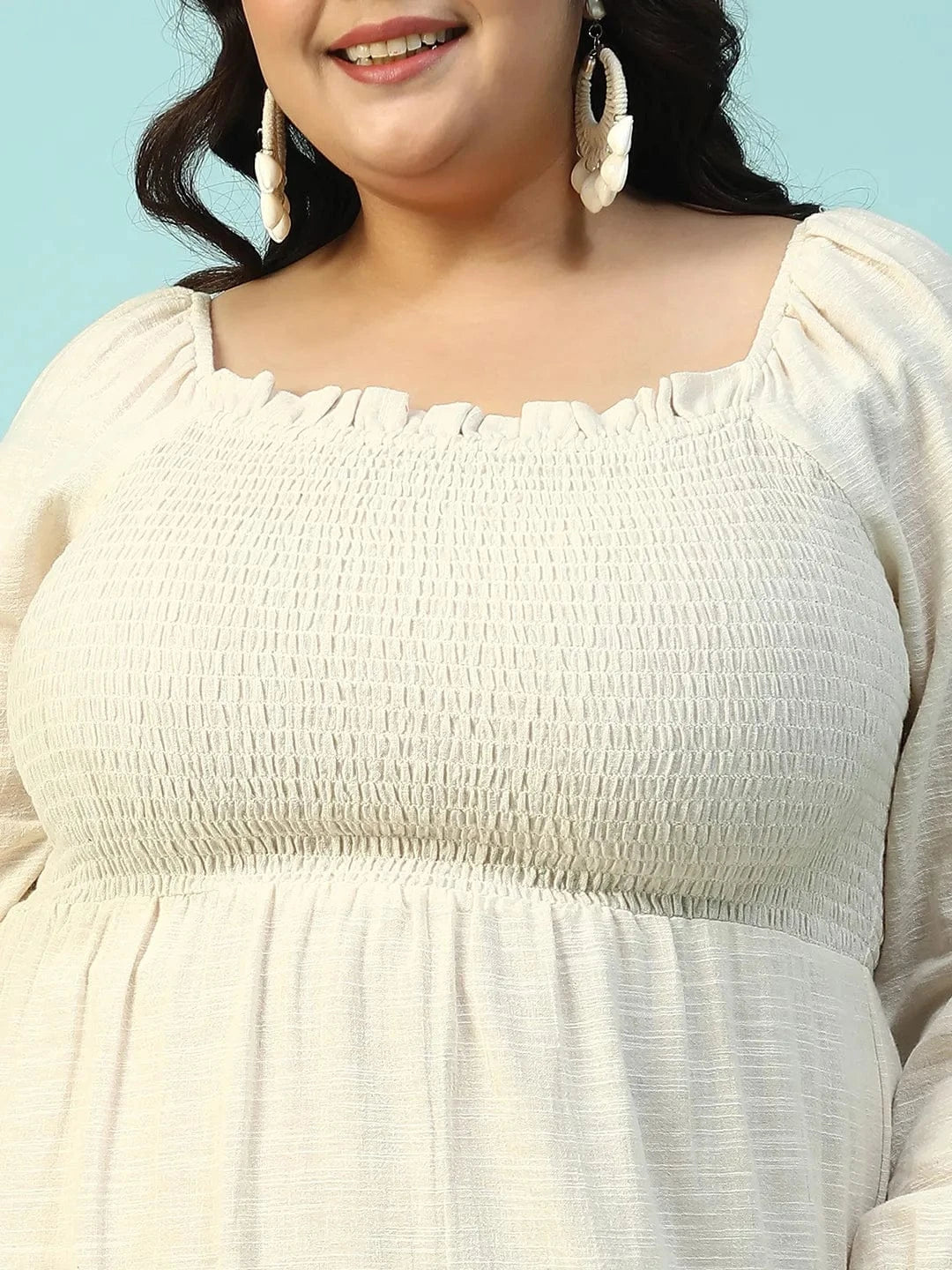 Solid Beige Long Sleeve Plus Size Women Long Cotton Dress