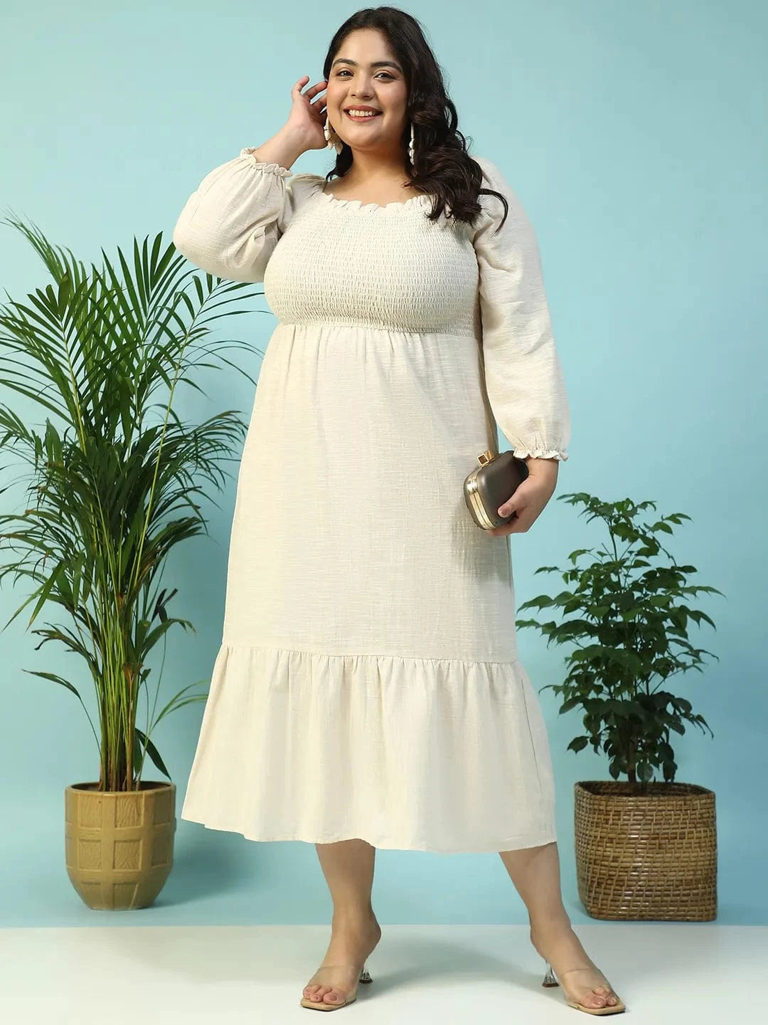 Solid Beige Long Sleeve Plus Size Women Long Cotton Dress