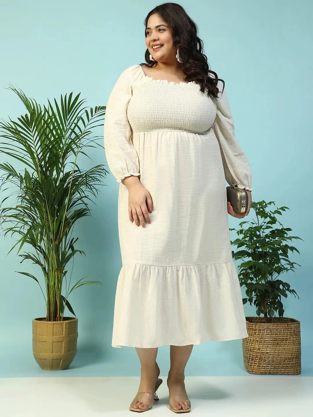 Solid Beige Long Sleeve Plus Size Women Long Cotton Dress