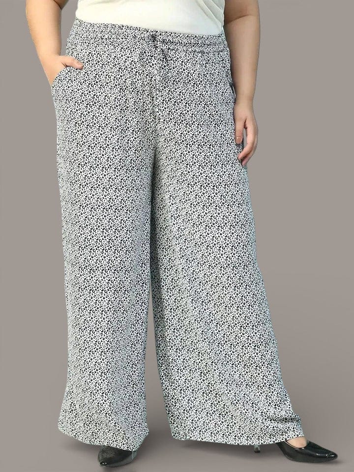Toned White Animal Print Flared Elasticated Waist With Up Detail Plus Size Women Pant