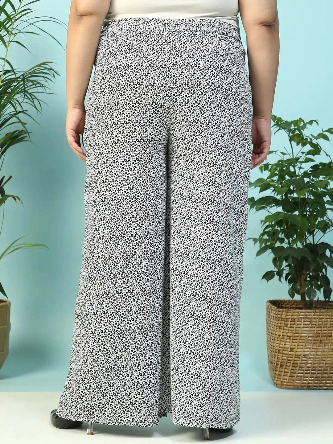 Toned White Animal Print Flared Elasticated Waist With Up Detail Plus Size Women Pant