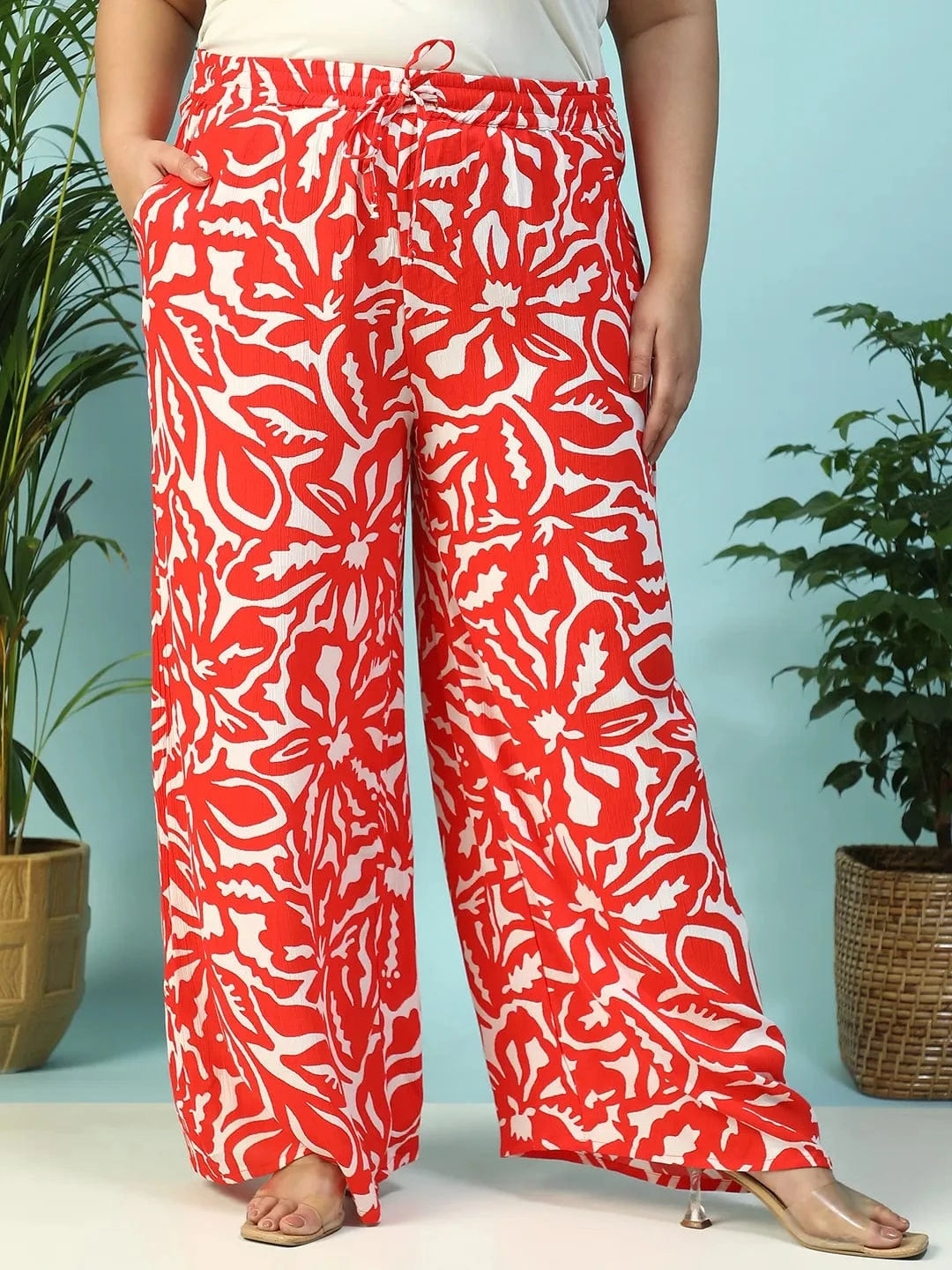 Ruby Red Floral Print Flared Elasticated Waist With Tie-Up Detail Plus Size Women Pant