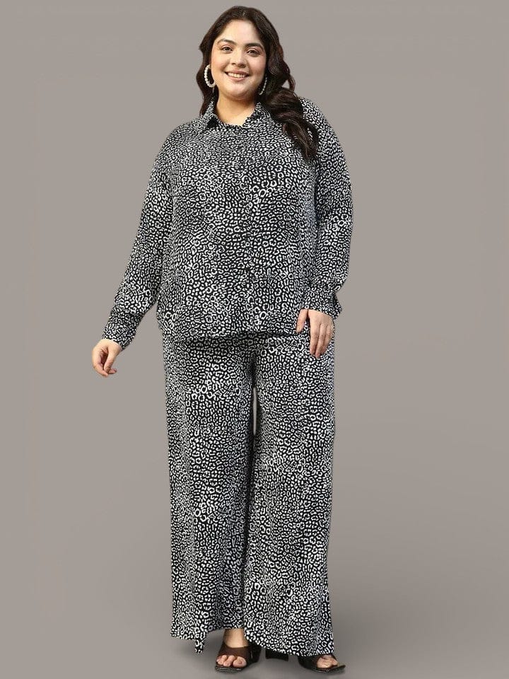 Roar Black Animal Print Collared Shirt with Flared Pants Plus Size Women Co-ord Set