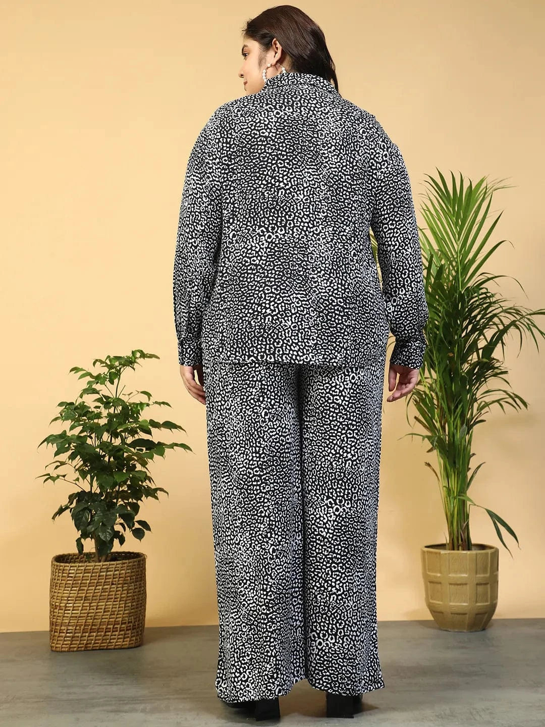 Roar Black Animal Print Collared Shirt with Flared Pants Plus Size Women Co-ord Set