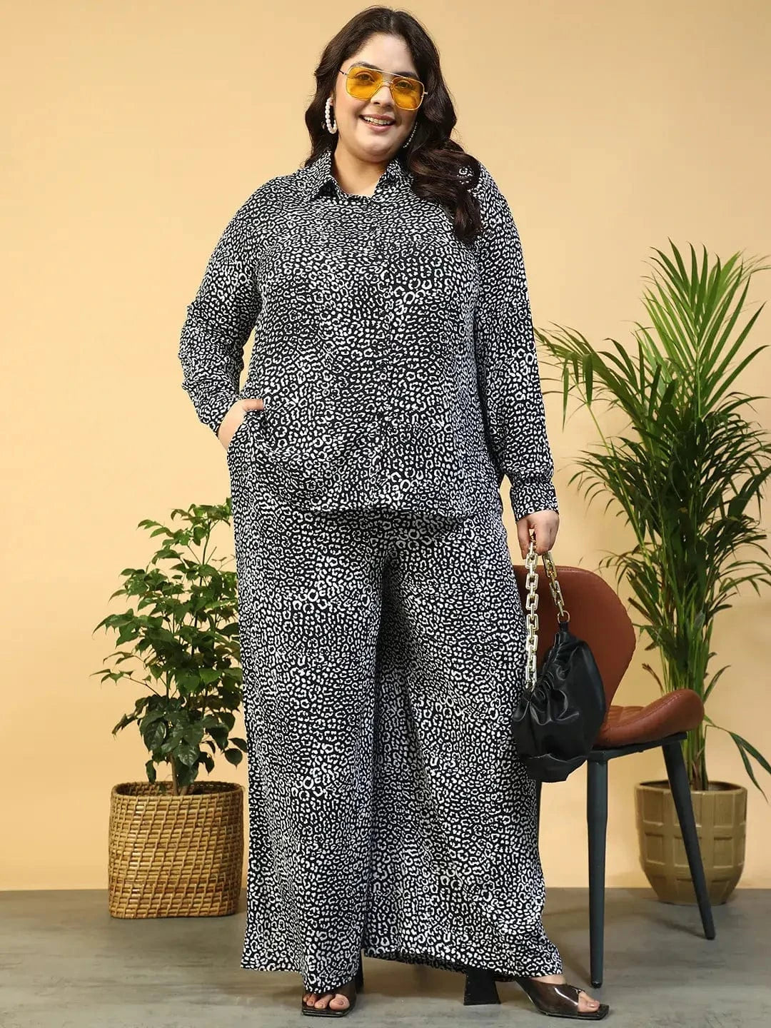 Roar Black Animal Print Collared Shirt with Flared Pants Plus Size Women Co-ord Set