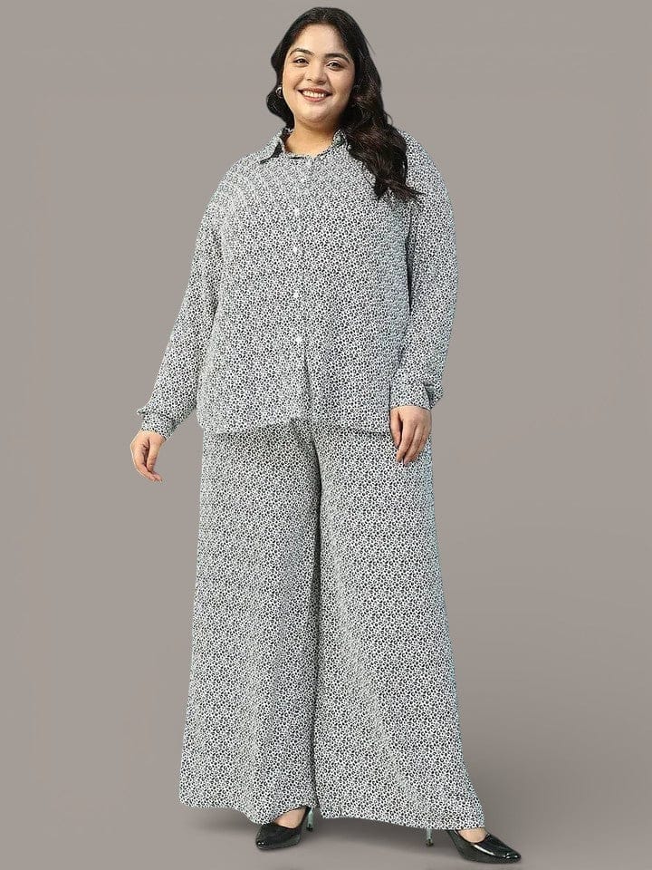 Savage White Animal Print Collared Shirt with Flared Pants Plus Size Women Co-ord Set