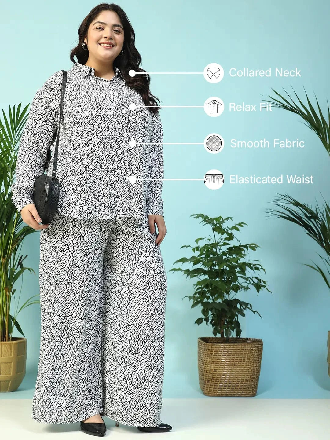 Savage White Animal Print Collared Shirt with Flared Pants Plus Size Women Co-ord Set
