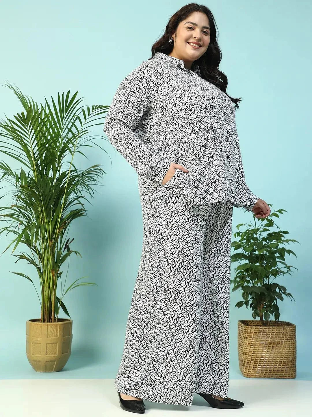Savage White Animal Print Collared Shirt with Flared Pants Plus Size Women Co-ord Set