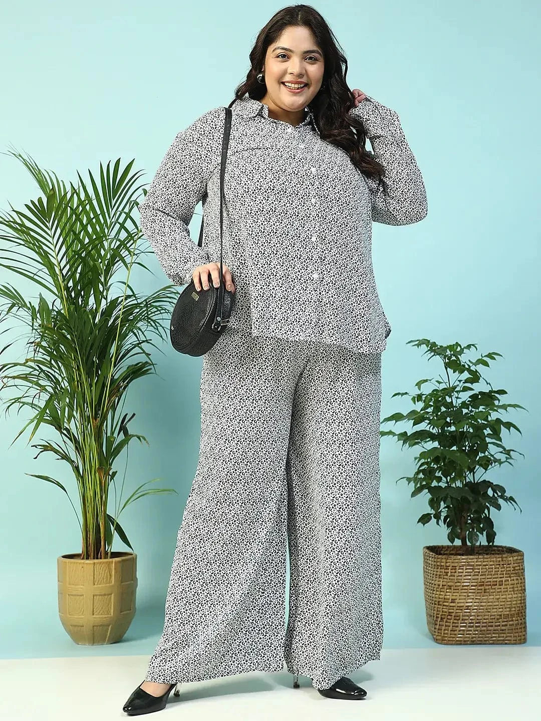 Savage White Animal Print Collared Shirt with Flared Pants Plus Size Women Co-ord Set