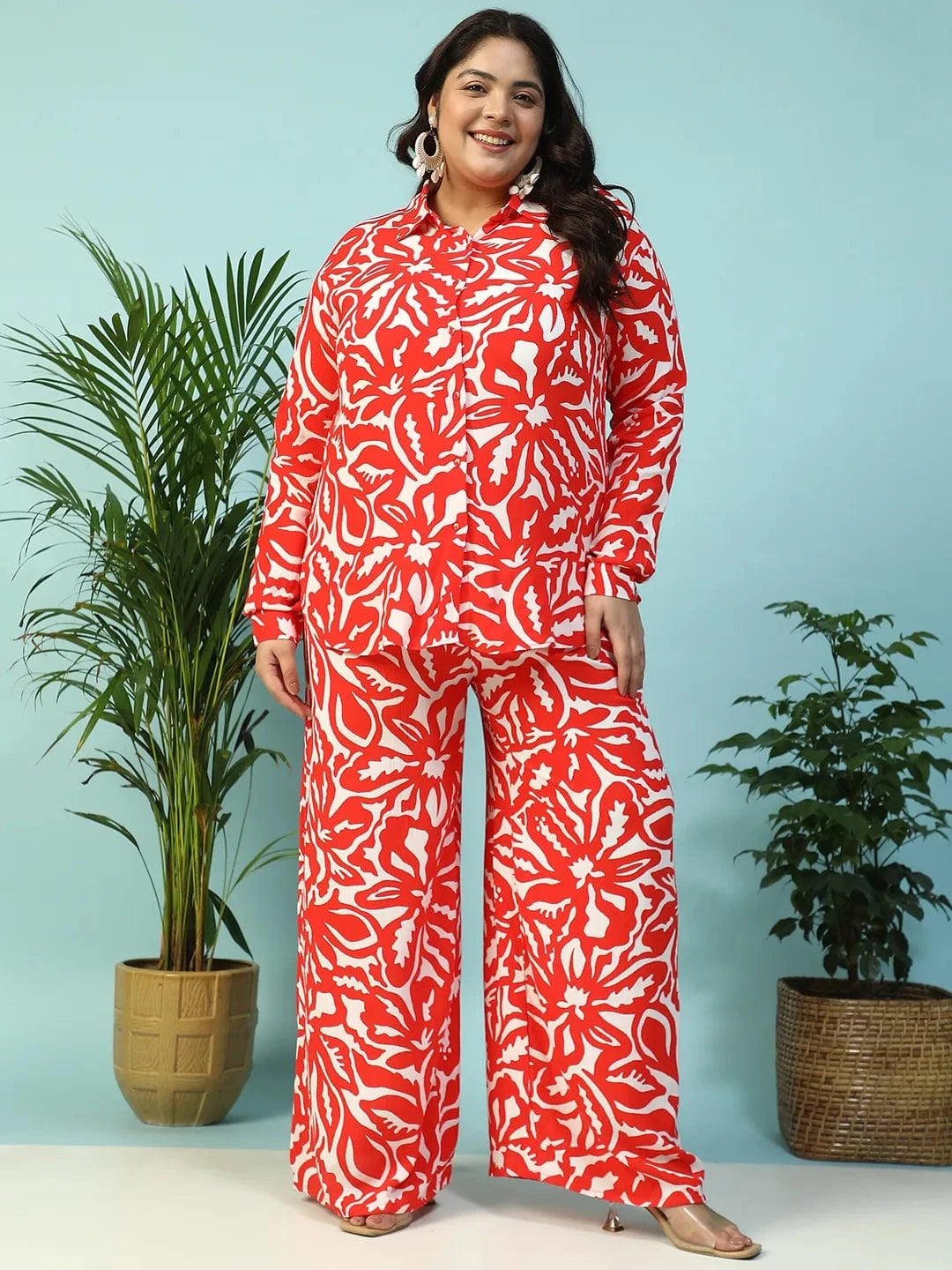 Instinct Red Floral Print Collared Shirt with Flared Pants Plus Size Women Co-ord Set