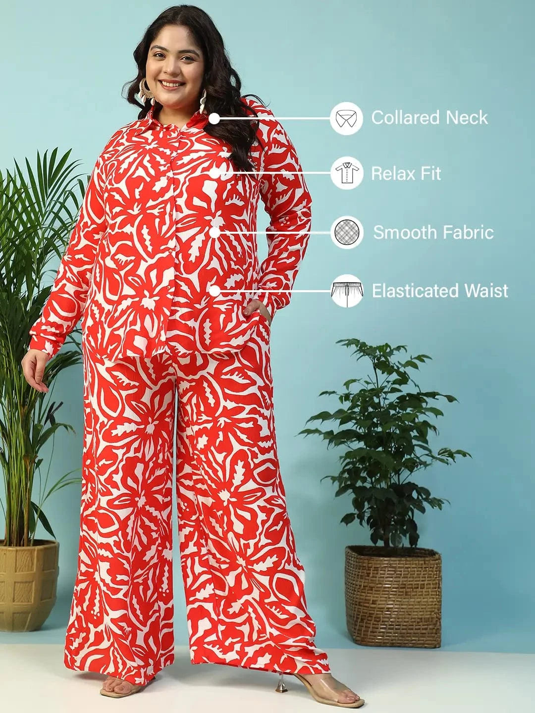 Instinct Red Floral Print Collared Shirt with Flared Pants Plus Size Women Co-ord Set